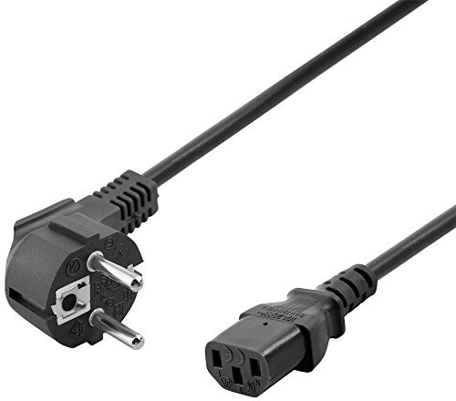 2,5 Meter Strom-Kabel Netz-Kabel für Kaltgeräte, Schutzkontakt Stecker männlich 90° abgewinkelt auf C13 Buchse Kupplung weiblich gerade, Schwarz