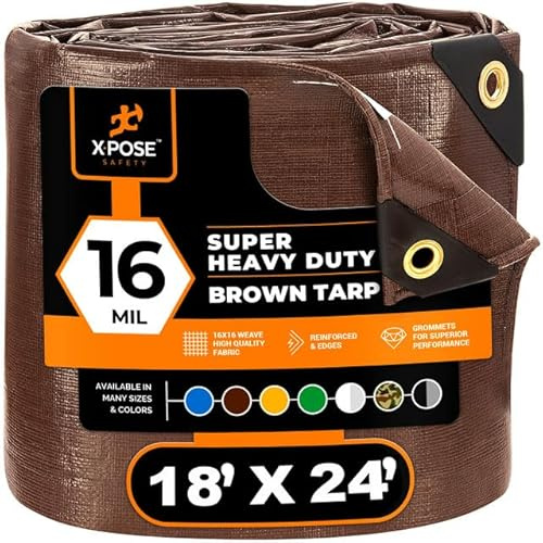 Xpose Safety 18' x 24' Super Heavy Duty 16 Mil Brown Poly Tarp
