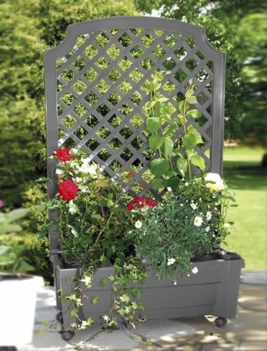 KHW Garden Calypso Pflanzkasten mit Bewässerungssystem, Rankgitter und Rollen, grau, 79x35x134 cm