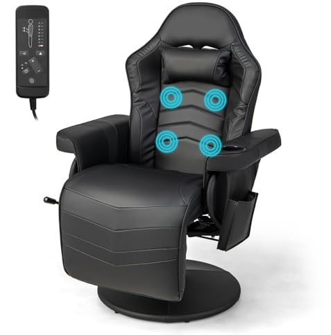 CASART Massage Racing Chair, Ergonomic Recliner Swivel Gaming Chair with Footrest, Cup Holder & Armrest, Adjustable High Back Computer Desk Chair for Home Office (Black)