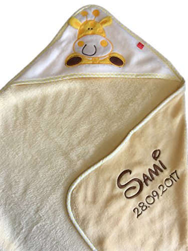 KIDDI-MEDIA Kapuzendecke/Kapuzentuch mit Name u. Geburtsdatum Bestickt/Kapuzen Decke aus Mikrofaser - kuschelig warm / 76 x 80