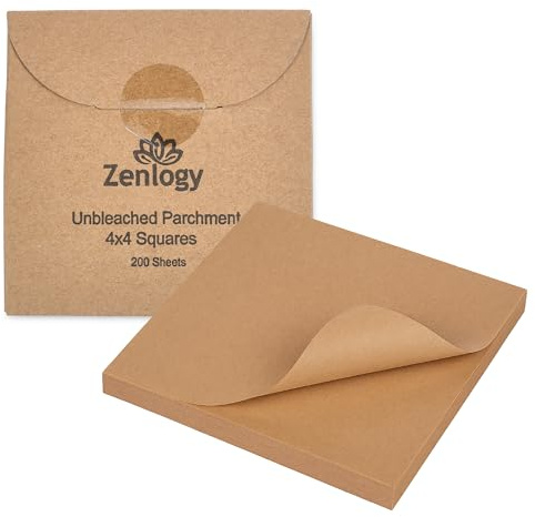 Zenlogy 10 cm Unbleached Parchment Paper Squares (200 Sheets) - Perfect for Storing, Freezing, Separating, Baking, Diamond Painting - Comes in Easy Pullout Storage Box