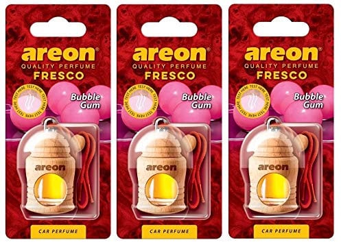 AREON Fresco Auto Bubble Gum Duft Kaugummi Rot Glas Duftflakon Flakon Holz Hängend Anhänger Spiegel Set 4ml (Pack x 3)
