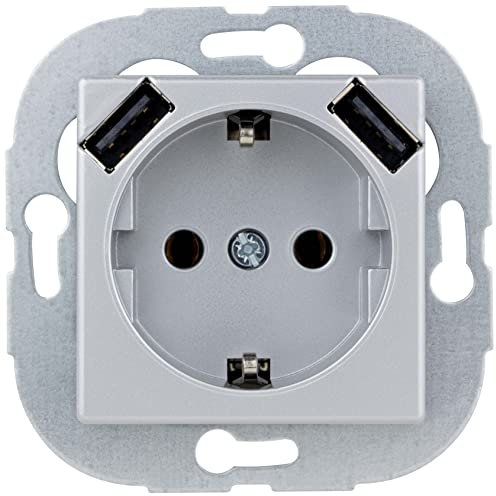 REV Quadro, Steckdose mit 2 USB Anschlüssen. USB: max. 2,1A, 5VDC, 10,5W, silbern