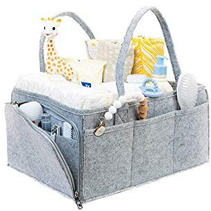 Baby Diaper Basket, Portable Nursery Storage Bin Felt Basket with Changeable Compartments, Car Travel Bag, Baby Wipes Bag Grey