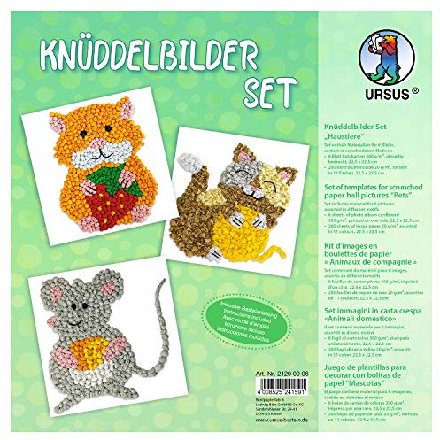 Ursus 21290006 - Knüddelbilder Set Haustiere, 6 Blatt Fotokarton 300 g/m², ca. 22,5 x 22,5 cm einseitig bedruckt, 200 Blatt Blumenseiden sortiert in 11 verschiedenen Farben, inklusive Bastelanleitung