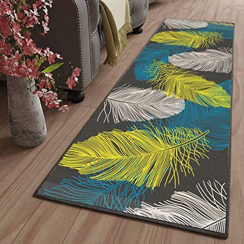 läufer Teppich Gelb Weiß Feder Meterware Waschbare rutschfest Geometrische Muster LäUfer Teppiche Flur für Küche Vorzimmer Eingangsbereich Schlafzimmer, 70x200cm Color16
