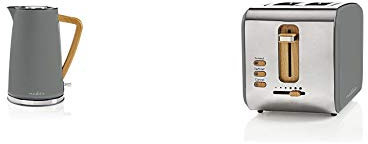 Nedis Elektrischer Wasserkocher, 1,7 l, weich, Grau & Toaster - 2 breite Öffnungen - Soft-Touch - 6 verschiedenen Stufen - Auftau- und Aufwärmfunktion - Krümelschublade - 900 W - Grau
