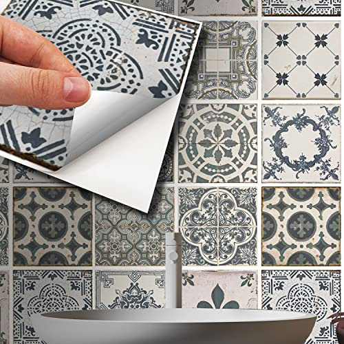 WALPLUS 24 Stück 15x15cm Weinlese Blau Grün Hellgrün Creme Wandfliesen Aufkleber Schälen und Kleben Backsplash Abziehbilder Startseite Dekore Aufkantung für Küche Badezimmer Kacheln Farbe auf Wand