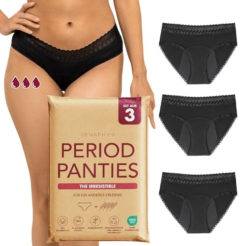 ZENAPHYR 3er Set Perioden Unterhosen Damen Schwarz Bio Baumwolle - Waschbare Saugfähige Menstruationsunterwäsche - L