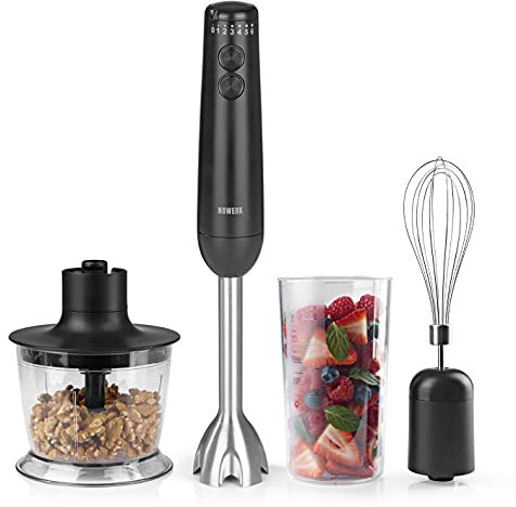 N8WERK Midnight Black Edition - Batidora de mano (3 accesorios: batidora con 3 cuchillas de acero inoxidable, multipicadora con recipiente de 500 ml y batidora, 1200 W, incluye vaso medidor de 700 ml)
