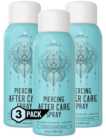 BASE LABORATORIES Piercing Aftercare Spray 4oz Cleaning Solution Cleanses, Sterilizes & Soothes - Saline for Ears, Nose, Body, Belly Piercings Pack of 3, 360.0 millilitre