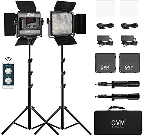 GVM LED Video Light Kits with APP Control, Bi-Color 2300K~6800K with Digital Display Brightness of 10~100% for Youtube Portrait Photography, CRI97+ TLCI97 Led Studio Light Panel +Barndoor