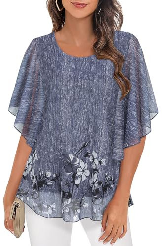 Syphiby Tunic Tops for Women UK, Summer Shirt Ruffle 3/4 Sleeve O Neck Chiffon Blouses Tops Ladies Plain Work Office Chic Loose T-Shirt, Grey-XL