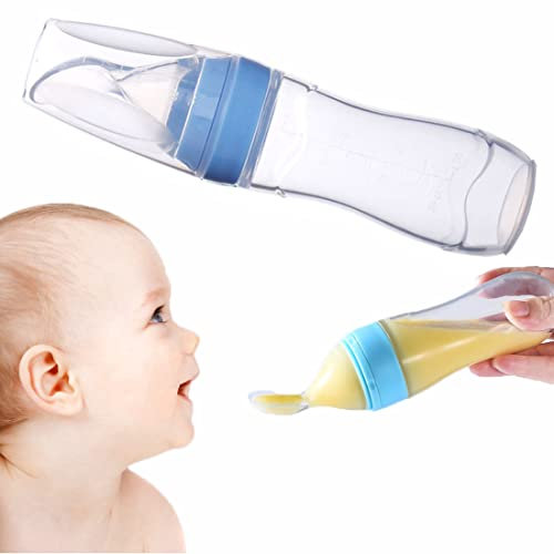 Baby Fütterlöffel Flasche 120ML Babynahrung Squeeze Feeder Silikon Löffel Flasche Weich Säugling Babylöffel Auslaufsicher Löffelspender Fütterungsflasche für Kleinkinder Ergänzende Ernährung Blau