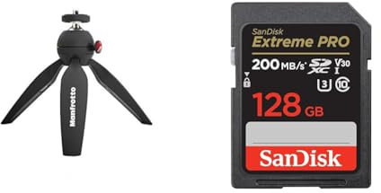 Manfrotto MTPIXIMII-B, PIXI Mini Camera Tripod with Handgrip for Compact System Cameras, for DSLR & SanDisk 128GB Extreme PRO SDXC card + RescuePRO Deluxe, up to 200MB/s, UHS-I, Class 10, U3, V30
