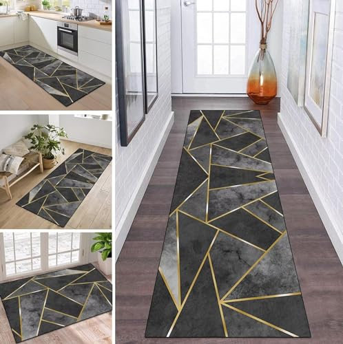 Teppich Läufer Flur Küche rutschfest waschbar Teppichläufer Lang Dunkelgrau Gold 100X280CM Modern Design Meterware Korridor Tepiche Esszimmer Schlafzimmer Wohnzimmer Schmutzfangmatte Küchenteppich