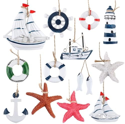 JSMTKJ 13 Stücke Maritime Anhänger Nautische Deko, Holz Anker Dekoration Steuerrad, Maritime Dekoanhänger Set für zu Hause, Mini-Fischernetz, Wanddekorationen, Küstenmotiv