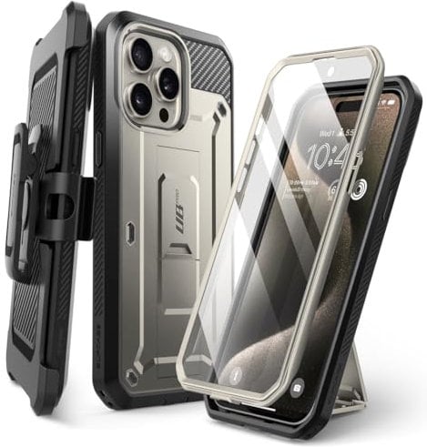SUPCASE Unicorn Beetle Pro Case for iPhone 15 Pro Max 6.7, Built-in Screen Protector & Kickstand & Belt-Clip Heavy Duty Rugged Case (TiGray)