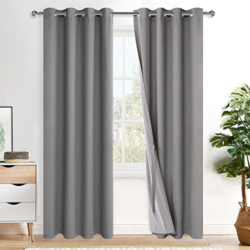 XWZO 100% Blickdicht Vorhänge, Doppellagige Dicker Verdunklungsvorhänge mit Ösen, Schallschutz Thermovorhänge 2er Set Schlafzimmer Gardinen, Blackout Curtain, 200x140 cm(HöhexBreite), Grau