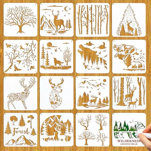 Tiere Schablonen, 16 Stück Tiere Schablonen Zum Malen, Wiederverwendbare Reh Wolf Bär Wald Schablone 20 * 20cm, Waldtiere Stencil Schablonen für Karneval DIY Basteln Scrapbooking Fotoalbum Geschenke