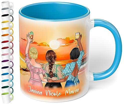 Keramik-Tasse für beste Freundinnen „Drei Freundinnen am Strand“ – 330ml Kaffeetasse personalisiert mit Namen & Aussehen - BFF best friends - Geschenke Geburtstag Weihnachten (Hellblau)