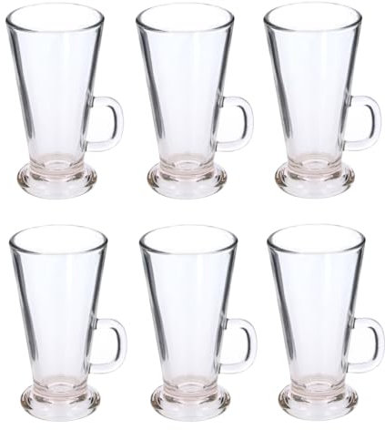 WARESHARK Pack of 6 Tall Latte Glasses Tea & Coffee Cups, Heat Resistant Glass, Hot Drink Cafe Mugs with Handle. Ideal for Milk Juice, Cappuccino, Espresso and Hot Chocolate (280ml)