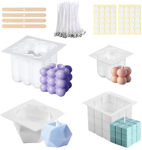 SPHERETRON 3D Silikonform KerzenGießen Formen,4 Stück Kerzenform Kerzen und Kerzendocht Set,Quadrat Silikon Kerzenformen zum Gießen,Kerzen Formen Silikon für Tischdekoration,Partybeleuchtung