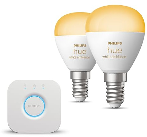 Philips Hue Starterpaket - E14 - mit 2 Kugel LED Lampen - Warm bis Kaltweißes Licht - inkl. 1 Hue Bridge - Hue White Ambiance