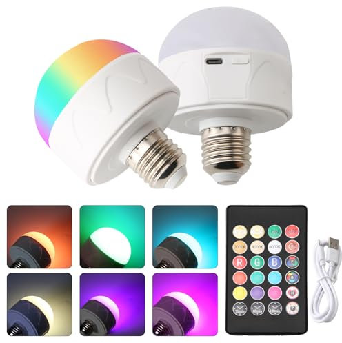 Ruiqas 2 Pack 240LM Rechargeable E27 Light Bulb with Magnetic Detachable Base Dimmable Emergency Lamp with Remote Control for Bedroom Living Room