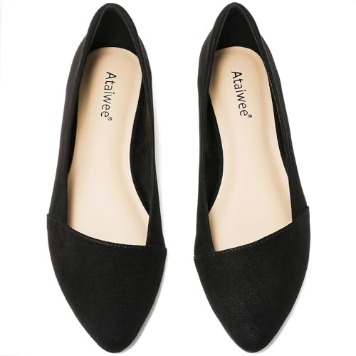 Ataiwee Women's Wide Width Flat Shoes - Ladies Pointed Toe Suede Slip On Office Ballet Flats.(1908076-2402, BK/MF, UK7 Wide)