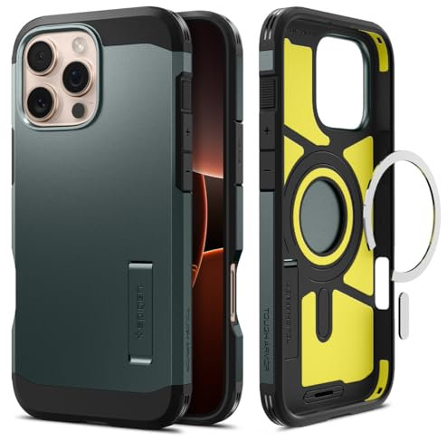 Spigen Tough Armor (AI) MagFit Hülle für iPhone 16 Pro, Kompatibel mit MagSafe Zubehör -Abyss Green
