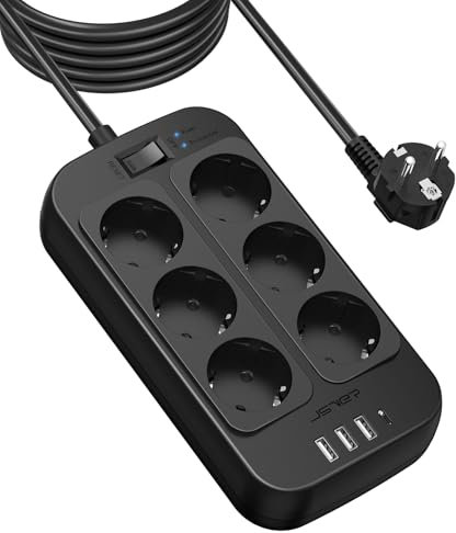 JSVER Regleta Enchufes 5M, Proteccion Sobretension con 6 Toma de Corriente y 4 USB Puertos(5V3,4A) USB Estación de Carga Inteligente USB Tomas Alargadora con Interruptor-Negro