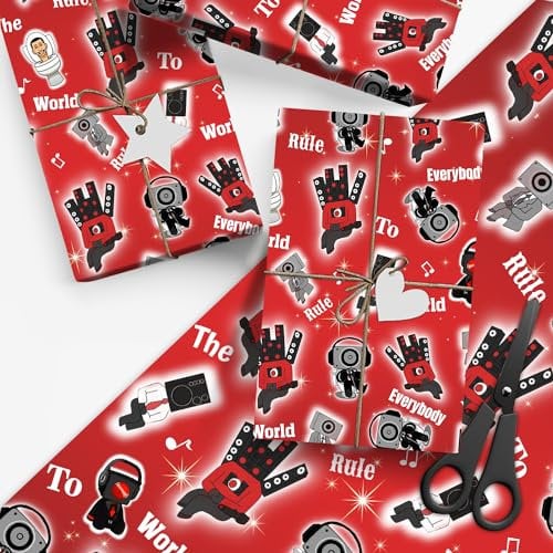 DFHOHL 5 Stück Skibidi Toilet Geschenkpapier 51 x 75 cm Game Kraftpapier Langlebig Geschenkpapierbögen für Kindergeburtstage Party Festliche Dekoration (Rote Musik)