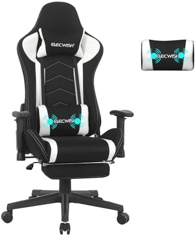 Fullwatt Gaming Chair, Computer Chair with Footrest, Headrest and Lumbar Support, Ergonomic PC Chair, 2D Armrests, Height Adjustable Rotating Task Chairs, White