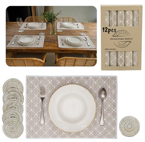Homeware Depot Lot de 6 Set de Table Naturel Rectangulaire Et Dessous De Verres Ronds en Perles - Faits Main, Protège des Taches, Dessous d'Assiette ÉLéGants