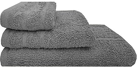 Acomoda Textil – Juego 3 Toallas de Baño 100 Algodón. Pack 3 Toalla Rizo con Cenefa 450 gr/m2, Toallas de Ducha, Lavado y Bidet Absorbente y Suave Pasa Aseo y Gimnasio. (Gris)