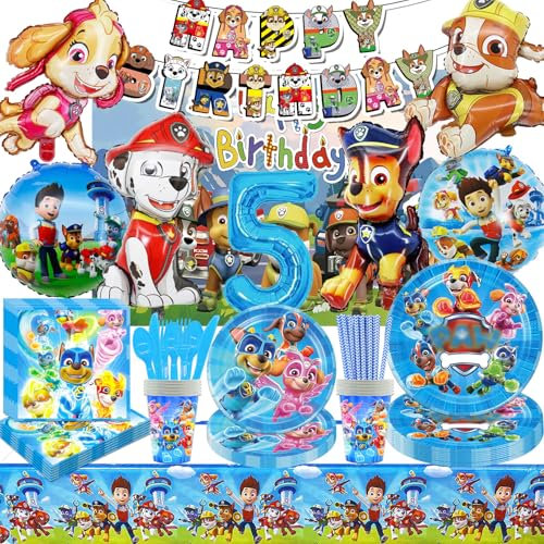 HTTMTTS 100 Stücke für Paw Dog Patrol Deko 5 Jahre,Dog Geburtstag Party,Paw Dog Patrol Thema,Geschirr,Tischdecke,Banner,Ballon,Hintergrund,Papierserviette(Mädchen Junge Party Deco 5 Jahre)