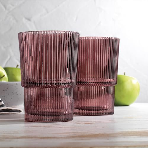 Glaver's Gerippte Trinkgläser, 440 ml, stapelbar, Origami-Stil, Wassergläser für Getränke, Rosa, 4 Stück