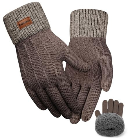 FORVEVO Winterhandschuhe Damen mit Fleecefutter,Weich Thermohandschuhe,Wärmende Strickhandschuhe Touchscreen für Outdoor Laufen Skifahren Radfahren（Braun）
