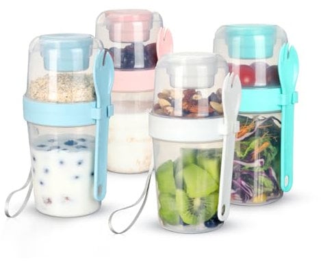 AIEVE 4 Stk. Müslibecher to go Müsli Becher mit Löffel 2 in 1 Joghurtbecher für Unterwegs(2 Schichten, 310ml+560ml)