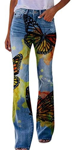 Sommerhose Weites Bein Damen Hosen Damen Lange Multiple-Choice-Printed Casual Loose Pants für Damen Bequeme Flared Pants Anzughose Blau Damen Elegant Damenkleidung (Q, M)