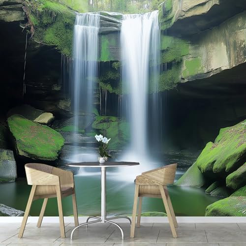 Fotomural Cascada Bosque Fotomurales Pared, 450×315cm Papel Pintado 3D, Musgo Moderna Decoración Pared Sala Cuarto Oficina Salón