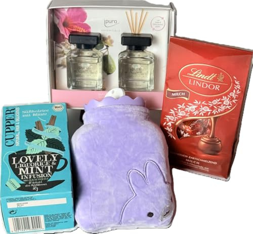 Geschenkbox mit Wärmflasche zum Wohlfühlen und Entspannen sowie ipuro Raumduft, edle Lindt-Schokolade und leckerer Biotee (Blau, 1000 ml)