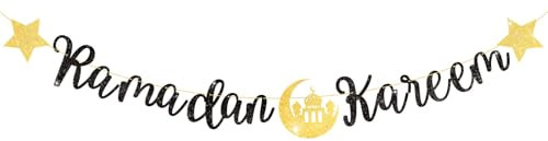 COLOFALLA Ramadan Banner Ramadan Girlande Ramadan Deko Eid Mubarak Deko Eid Mubarak Banner Ramandan Deko für Wand Ramadan Party Dekoration Schwarz Gold mit Seil