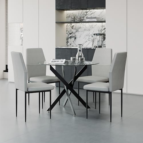GOLDFAN Ensemble Table à Manger Ronde en Verre avec 4 Chaises en Tissu, Style Moderne, Pieds en Métal Noir, 80 cm (Gris)