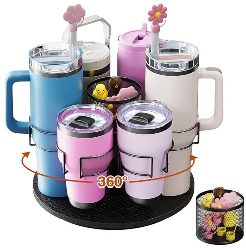 Kssaiz Water Bottle Organizer for Stanley 20/30/40oz, Rotating Stanely Cup Holder with Straw Sleeve, Cup Holder for Stanley Simple Modern Owala Yeti, Tumbler Organizer for Cabinet, Black