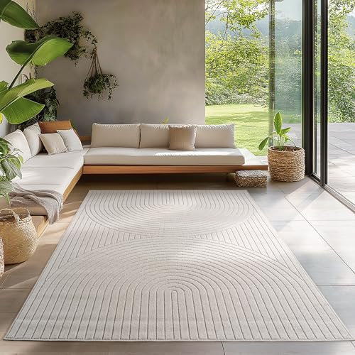 Carpetsale24 Outdoor Teppich auch Wohnzimmer, Schlafzimmer, Wintergarten, Kurzflor Creme, Hoch-Tief-Effekt, weich & waschbar, pflegeleicht, 240x340 cm