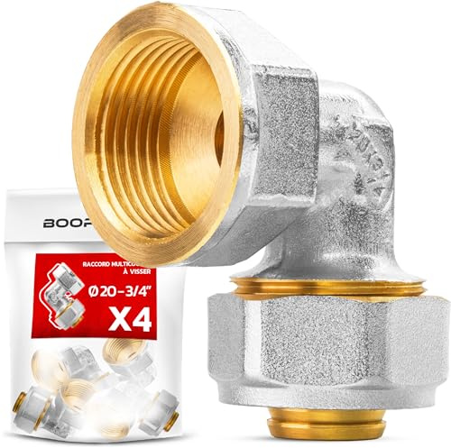 BOOPARTS – Coude Femelle à Visser Ø20–3/4 20/27 | Raccord Multicouche à Compression pour Tubes PER, PEX et Multicouche | Plomberie et Sanitaire | Lot de 4