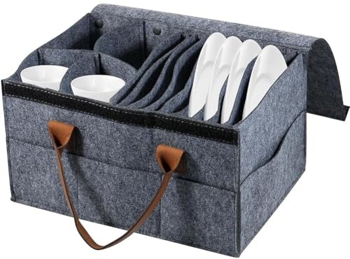 PAIKIUU Caravan Becher Aufbewahrung Filz Tellerhalter mit Deckel und Griff Wohnmobil Tasse Aufbewahrung Zubehör Filztasche für Camping Wohnmobil Schrank Küche Kochgeschirr Glaswaren